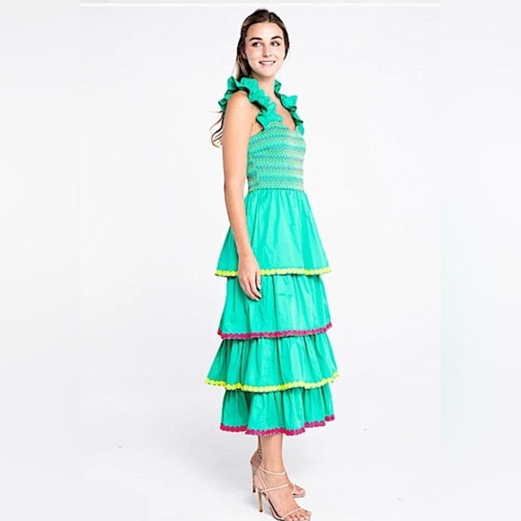 Alden Adair Dresses & Skirts - Alden Adair Euc Jade Green Frida Tiered Ruffle Smocked Midi Dress Sz S 4-6